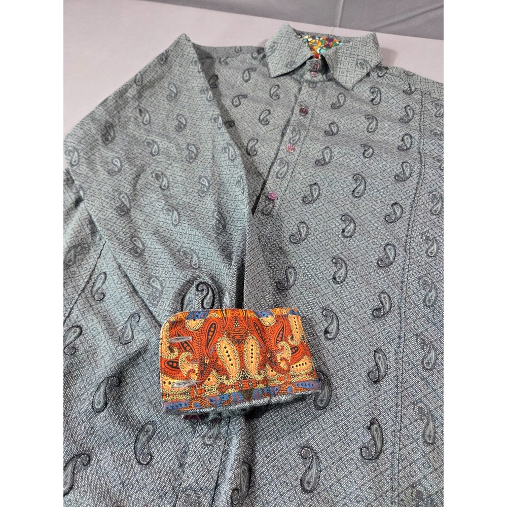 Robert Graham Shirt Mens Large Gray Black Paisley Jacquard Flip Cuff Bold Polo
